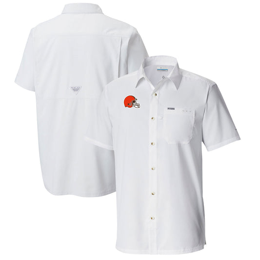 Men's Columbia  White Cleveland Browns Slack Tide Omni-Wick Button-Up Camp Shirt