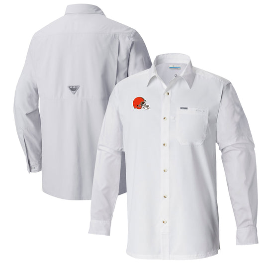 Men's Columbia  White Cleveland Browns Slack Tide Omni-Wick Long Sleeve Button-Up Shirt