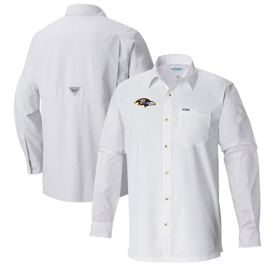 Men's Columbia  White Baltimore Ravens Slack Tide Omni-Wick Long Sleeve Button-Up Shirt