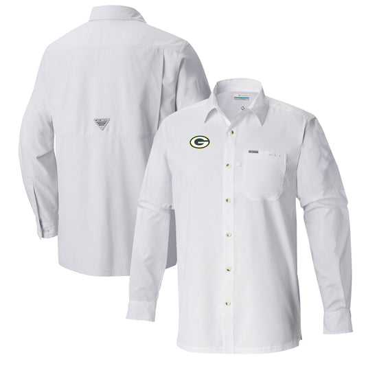 Men's Columbia  White Green Bay Packers Slack Tide Omni-Wick Long Sleeve Button-Up Shirt