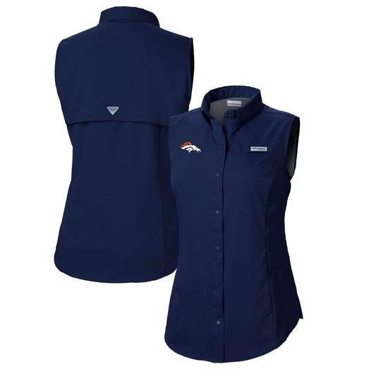 Women's Columbia  Navy Denver Broncos PFG Tamiami Omni-Shade Sleeveless Button-Up Shirt