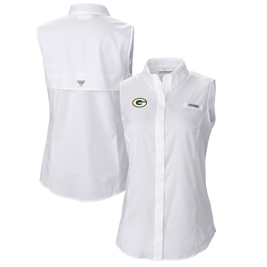 Women's Columbia  White Green Bay Packers PFG Tamiami Omni-Shade Sleeveless Button-Up Shirt