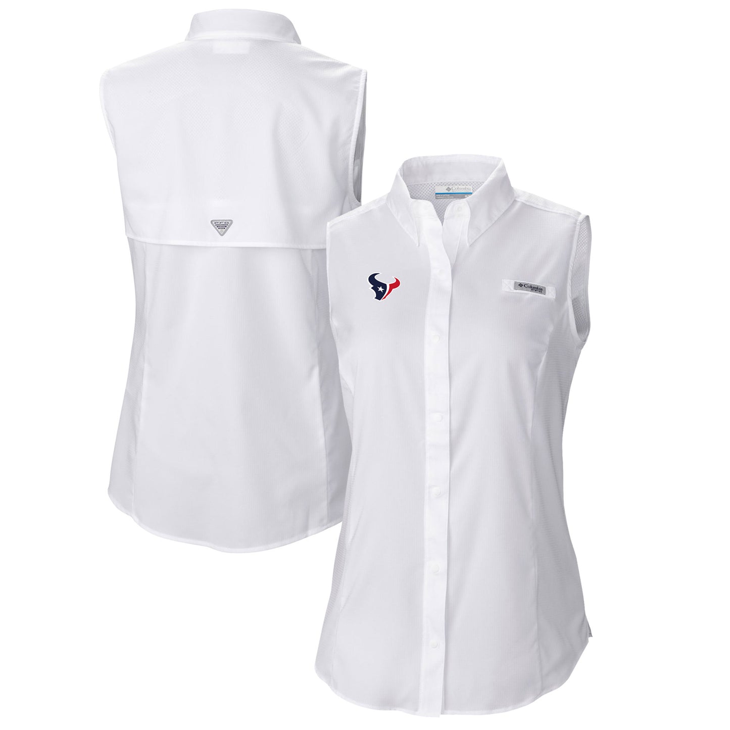 Women's Columbia  White Houston Texans PFG Tamiami Omni-Shade Sleeveless Button-Up Shirt