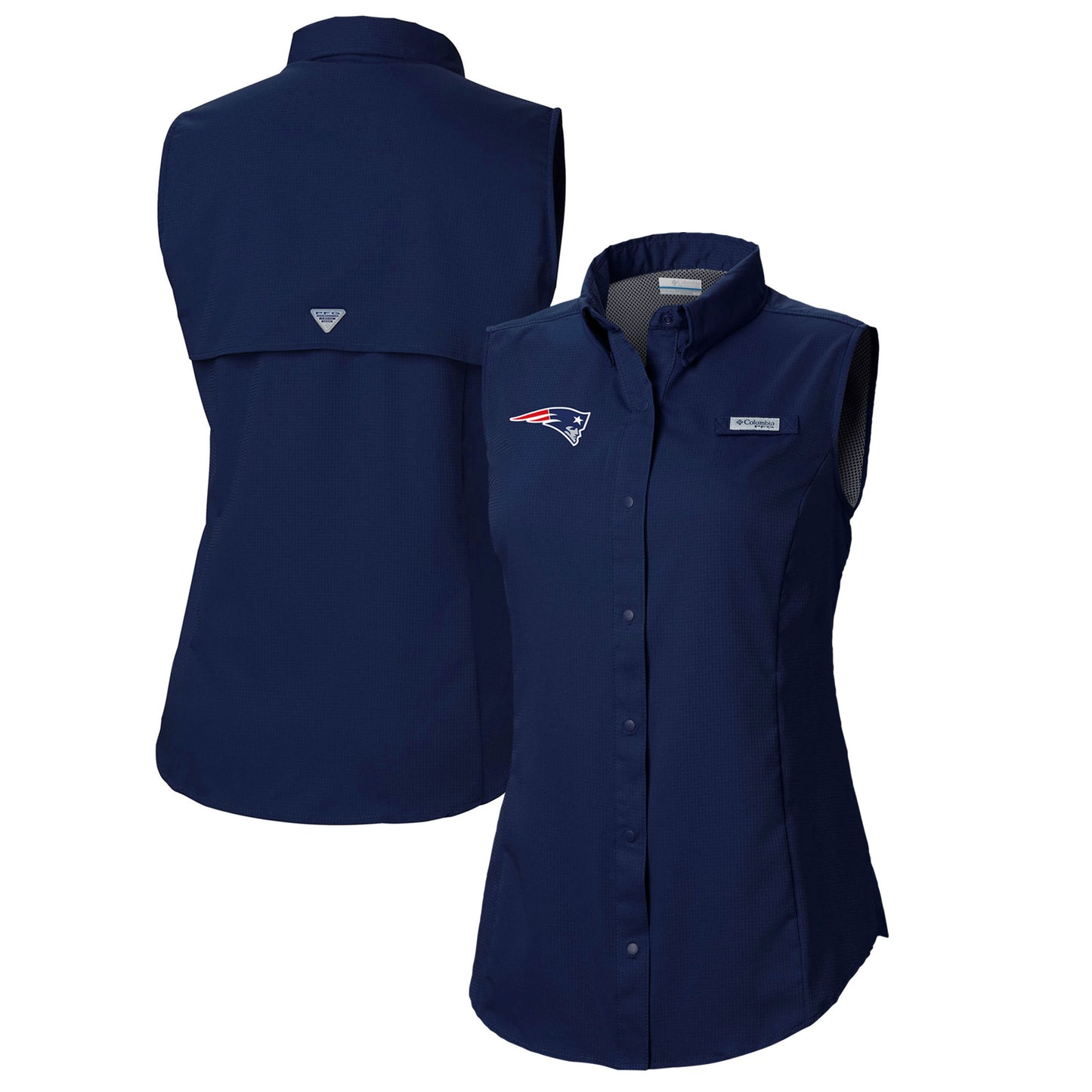 Women's Columbia  Navy New England Patriots PFG Tamiami Omni-Shade Sleeveless Button-Up Shirt