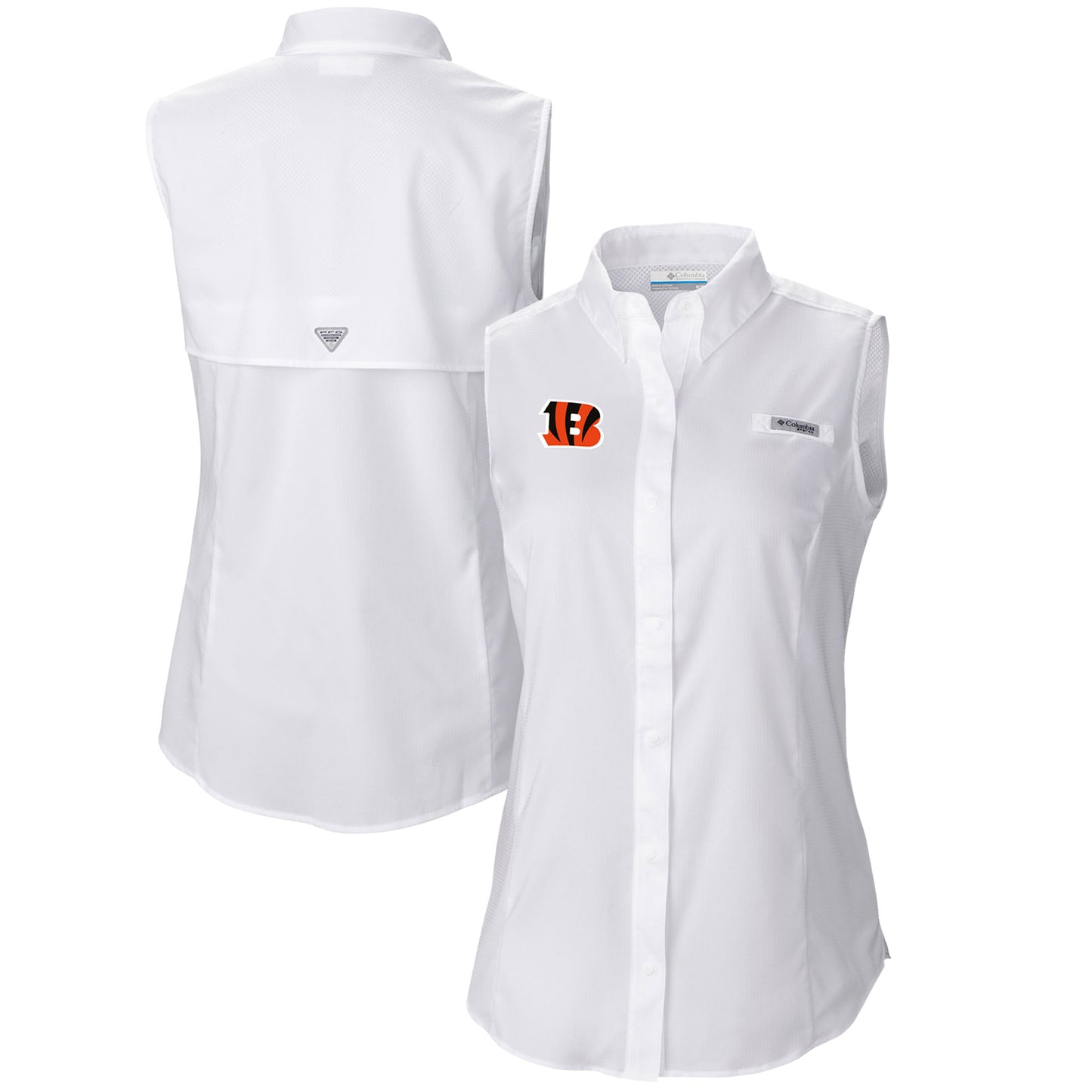 Women's Columbia  White Cincinnati Bengals PFG Tamiami Omni-Shade Sleeveless Button-Up Shirt
