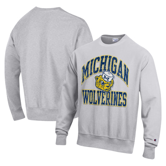 Men's Champion Heather Gray Michigan Wolverines Vault Late Night Reverse Weave Pullover Sweatshirt