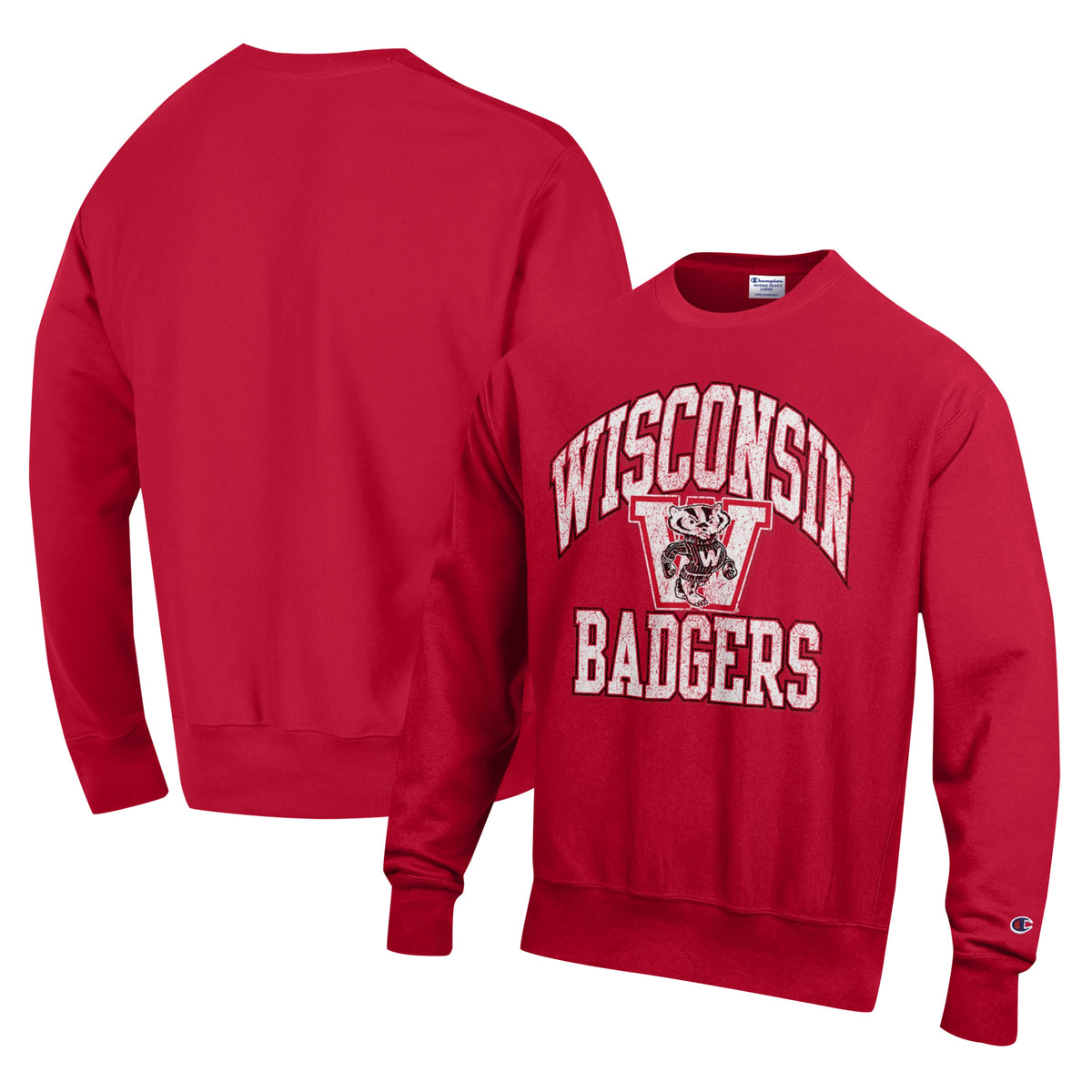 Men's Champion Red Wisconsin Badgers Vault Late Night Reverse Weave Pullover Sweatshirt