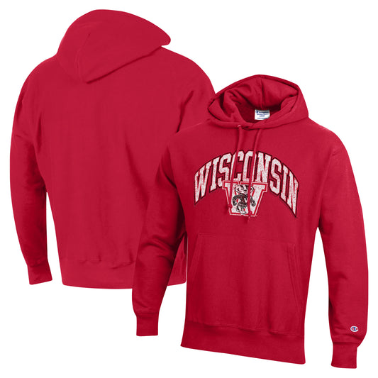 Men's Champion Red Wisconsin Badgers Vault Late Night Reverse Weave Pullover Hoodie