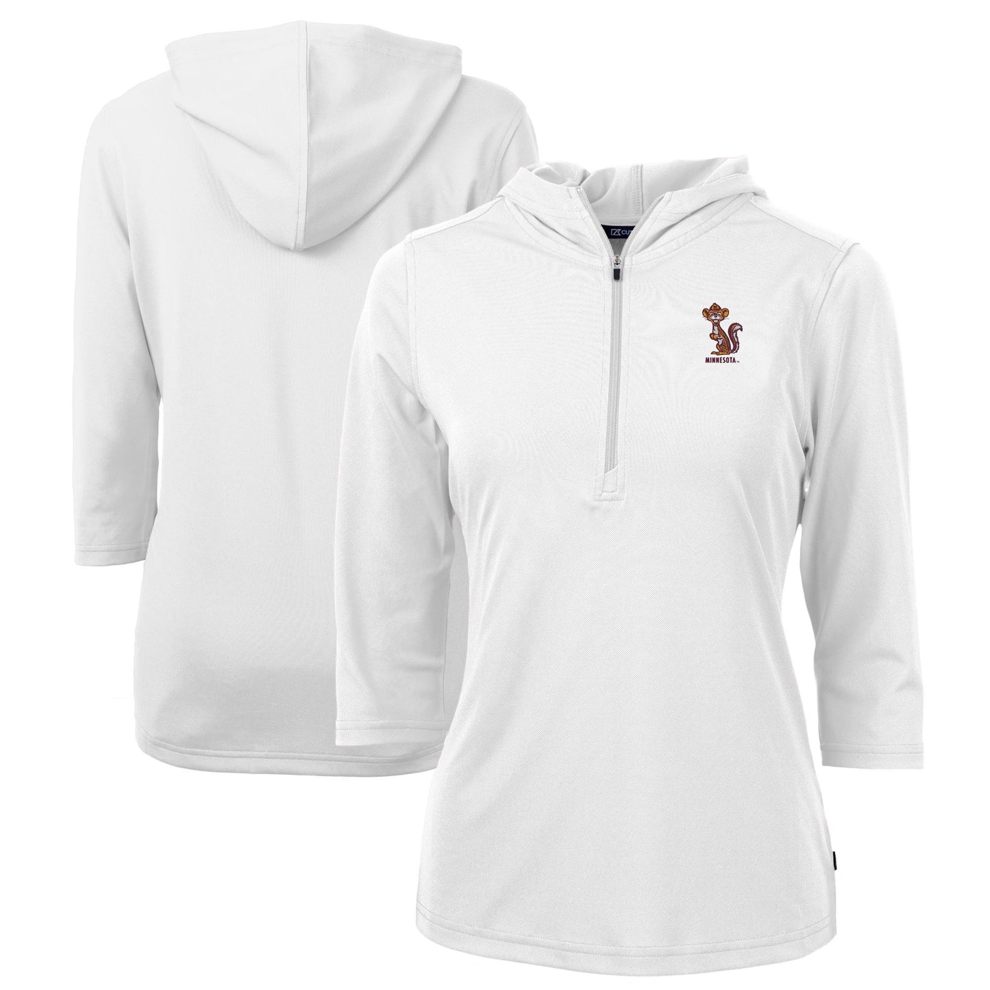 Women's Cutter & Buck White Minnesota Golden Gophers Vault DryTec Virtue Eco Pique Recycled 3/4-Sleeve Half-Zip Pullover Hoodie