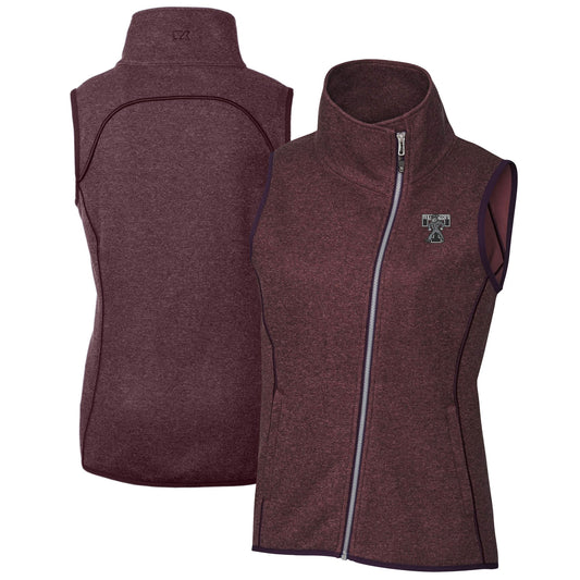 Women's Cutter & Buck  Heather Maroon Texas A&M Aggies Vault Mainsail Sweater-Knit Full-Zip Asymmetrical Vest