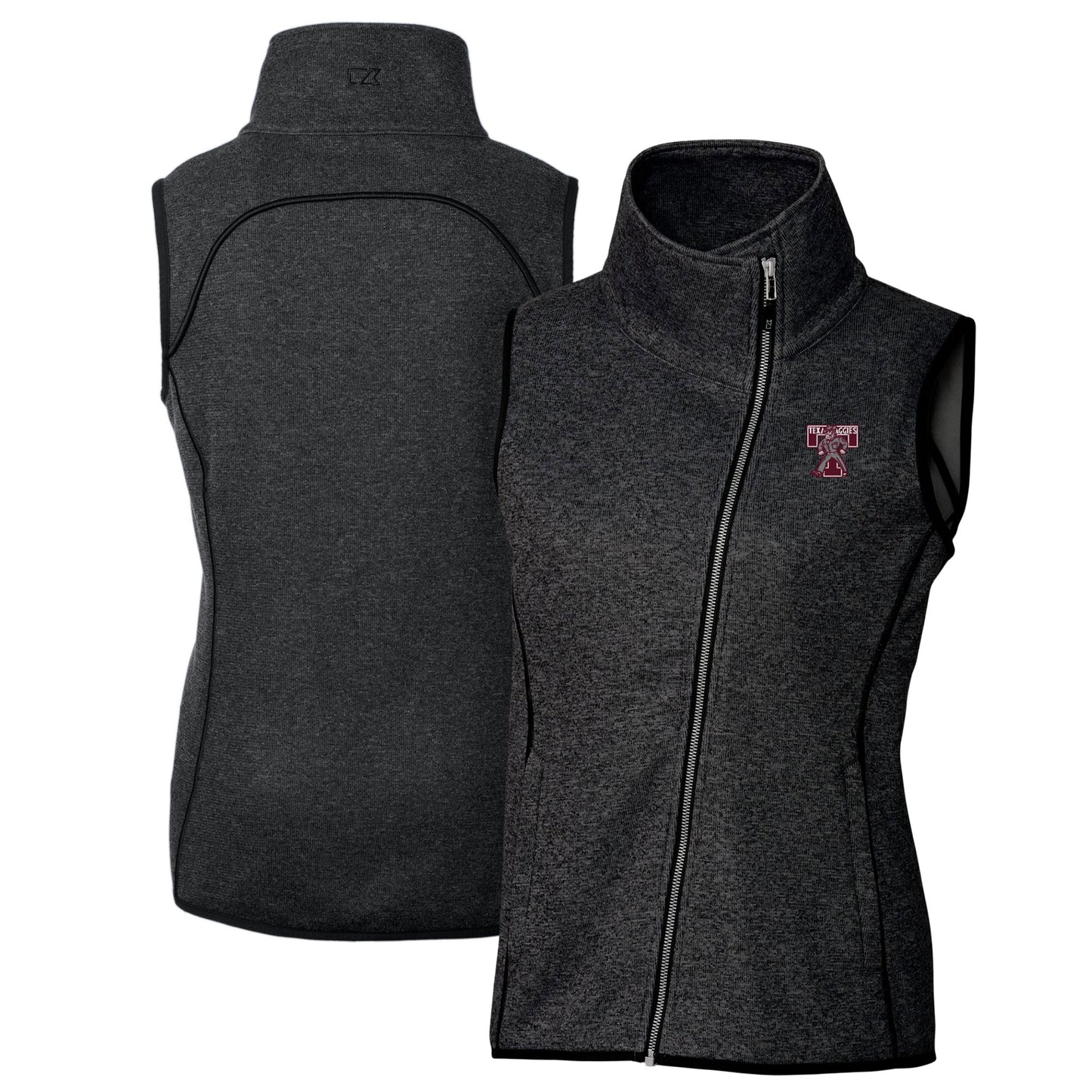Women's Cutter & Buck  Heather Charcoal Texas A&M Aggies Vault Mainsail Sweater-Knit Full-Zip Asymmetrical Vest