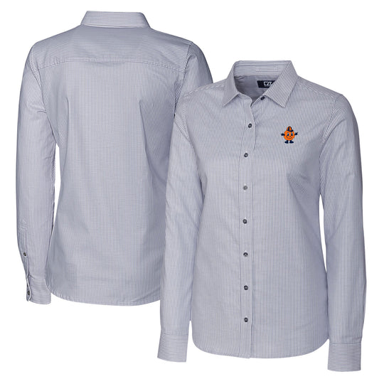 Women's Cutter & Buck  Charcoal Syracuse Orange Vault Stretch Oxford Stripe Long Sleeve Tri-Blend Button-Up Dress Shirt