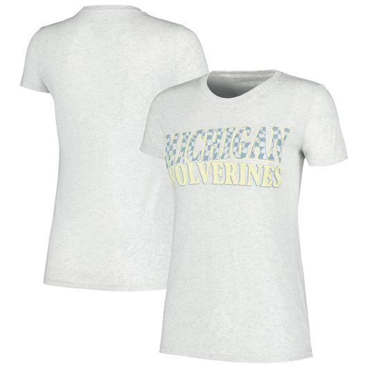 Women's Heather Gray Michigan Wolverines Checkered Team Name Wavy Tri-Blend T-Shirt