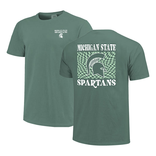 Women's Green Michigan State Spartans Comfort Colors Checkered Mascot T-Shirt