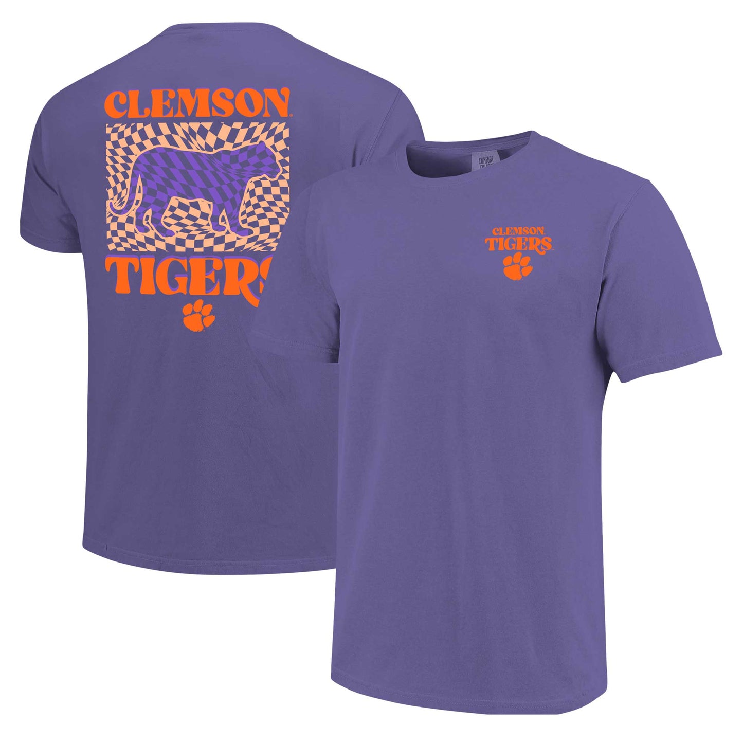 Women's Purple Clemson Tigers Comfort Colors Checkered Mascot T-Shirt