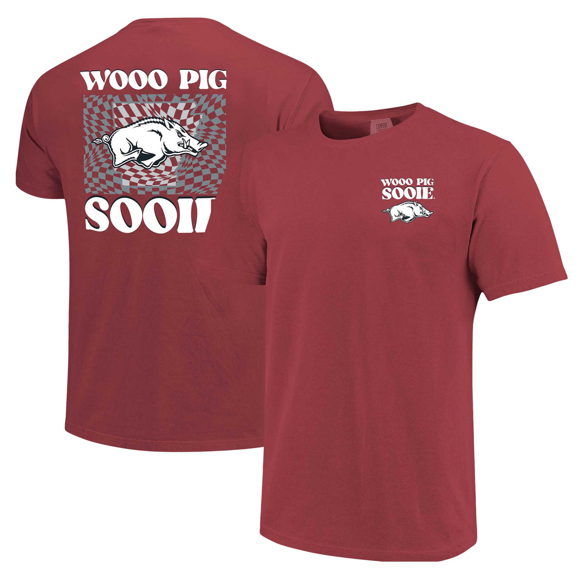 Women's Cardinal Arkansas Razorbacks Comfort Colors Checkered Mascot T-Shirt
