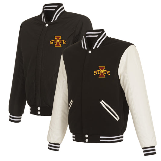 Men's JH Design Black/White Iowa State Cyclones Reversible Two-Tone Fleece Varsity Jacket