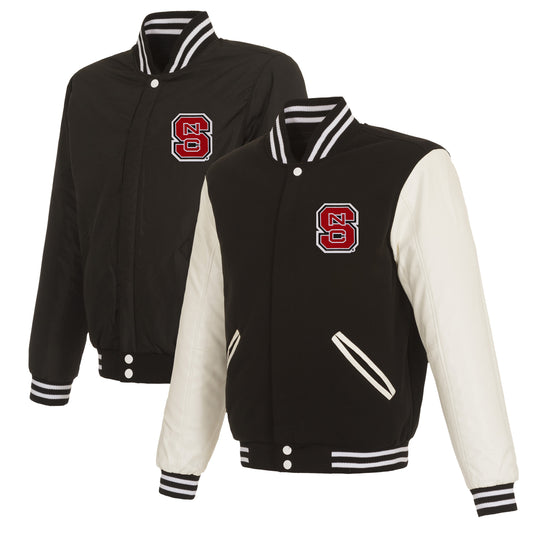 Men's JH Design Black/White NC State Wolfpack Reversible Two-Tone Fleece Varsity Jacket