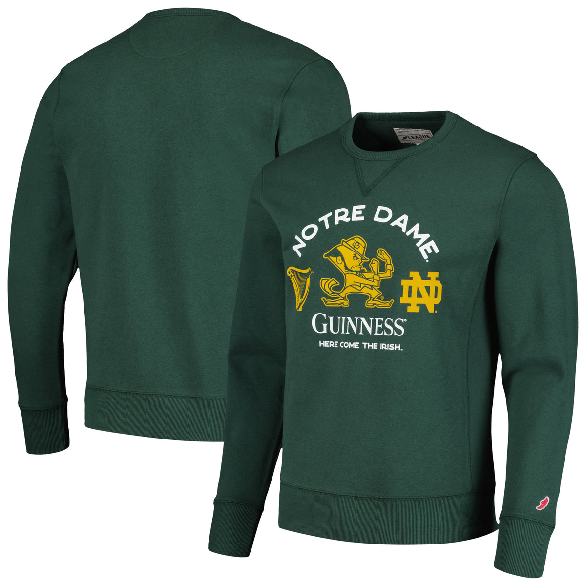 Men's League Collegiate Wear Green Notre Dame Fighting Irish x Guinness Here Come the Irish Stadium Fleece Crewneck Pullover Sweatshirt