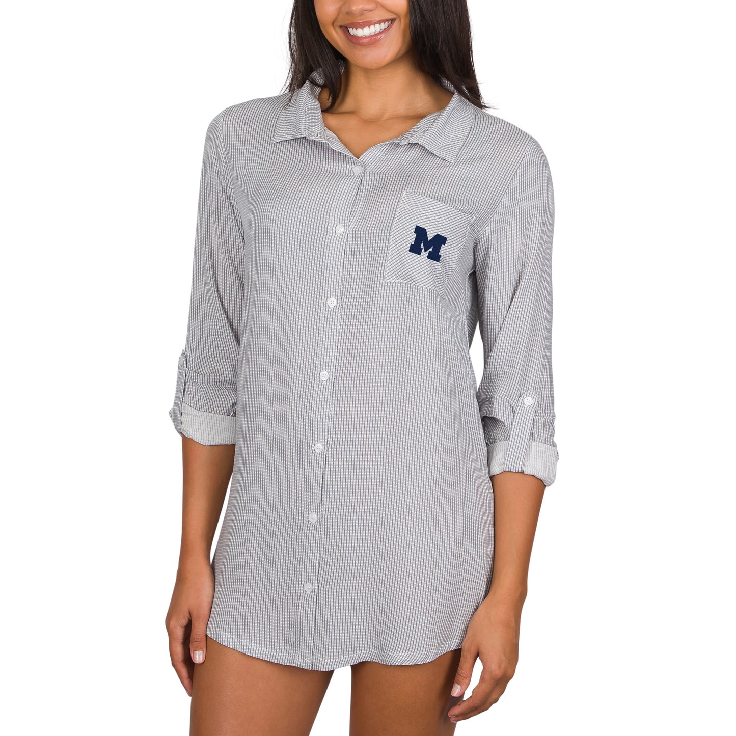 Women's College Concepts Gray Michigan Wolverines Full-Button Long Sleeve Melody Nightshirt