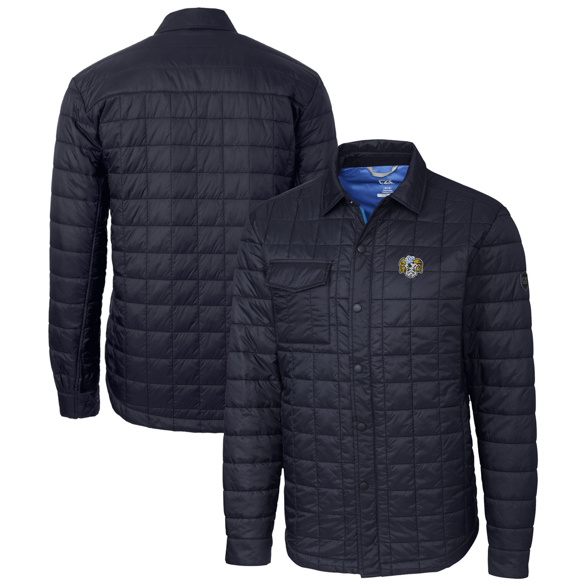 Men's Cutter & Buck  Navy North Carolina Tar Heels Vault Rainier PrimaLoft Eco Insulated Quilted Button-Up Shacket