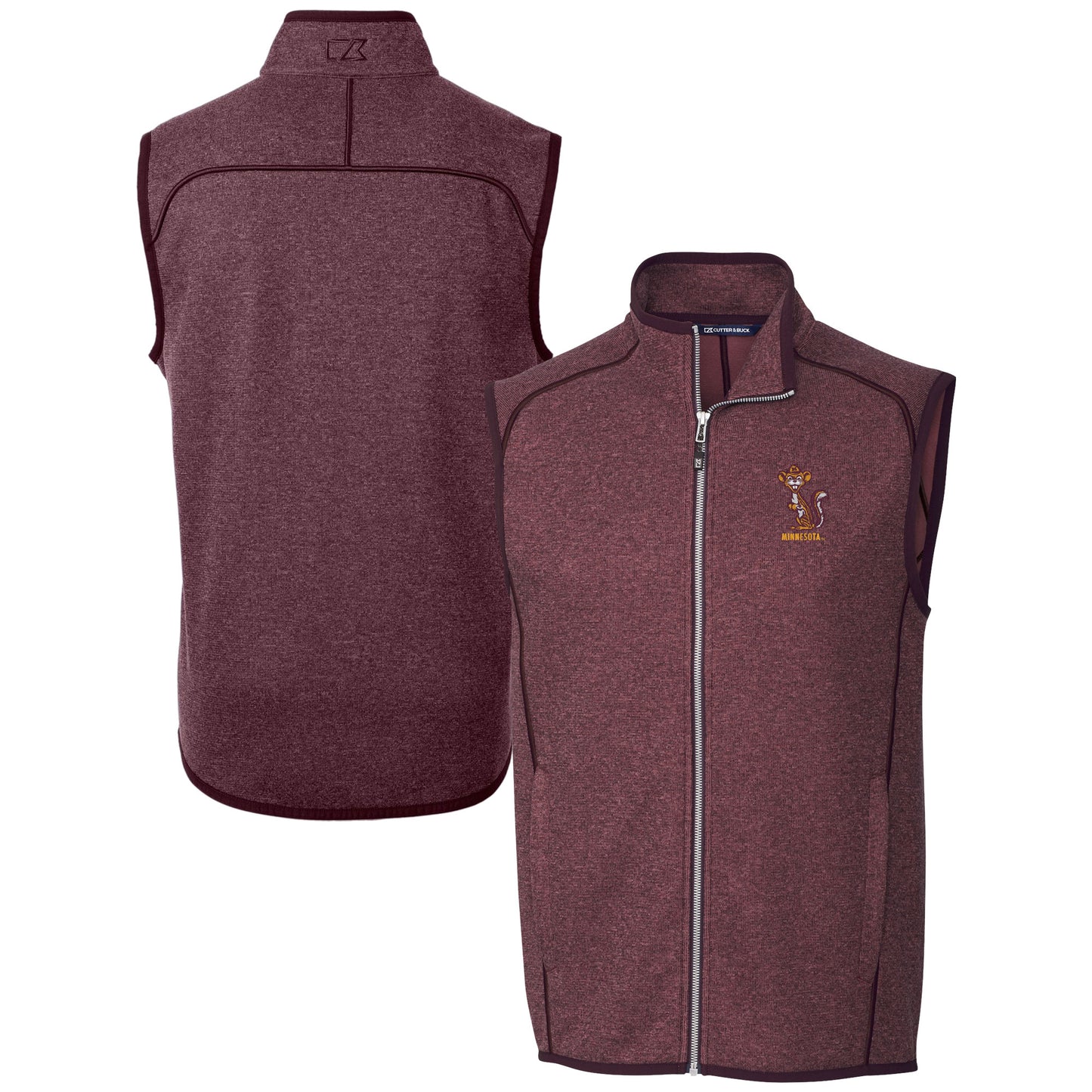 Men's Cutter & Buck  Heather Maroon Minnesota Golden Gophers Vault Mainsail Sweater Knit Fleece Full-Zip Vest