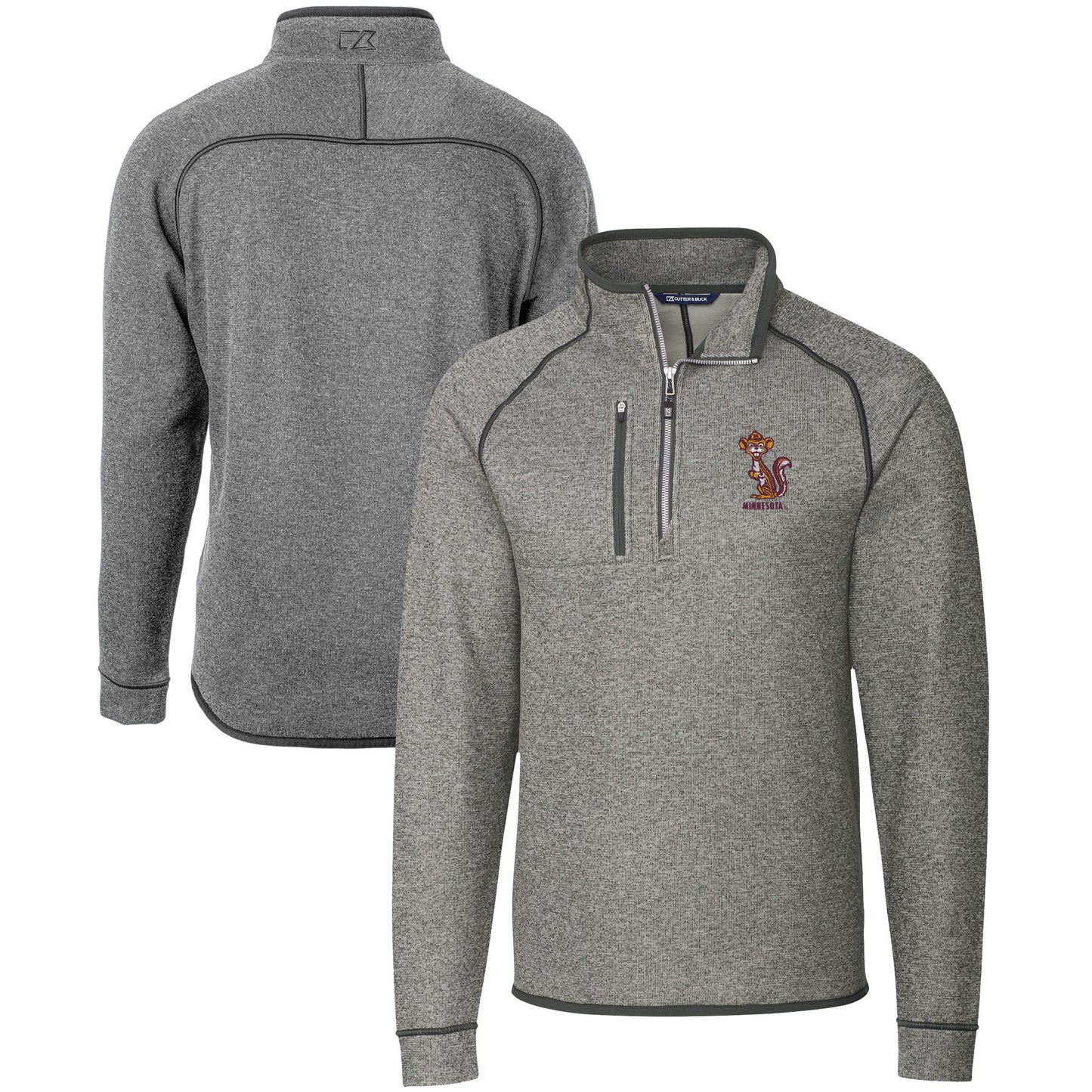 Men's Cutter & Buck  Heather Gray Minnesota Golden Gophers Vault Mainsail Sweater-Knit Raglan Half-Zip Jacket