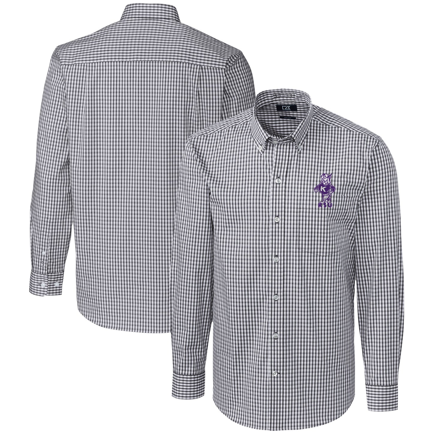 Men's Cutter & Buck  Charcoal Kansas State Wildcats Vault Easy Care Stretch Gingham Long Sleeve Dress Shirt