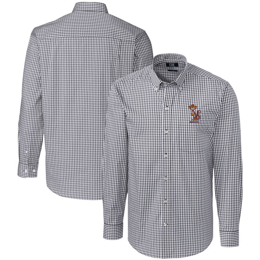 Men's Cutter & Buck  Charcoal Minnesota Golden Gophers Vault Easy Care Stretch Gingham Long Sleeve Dress Shirt