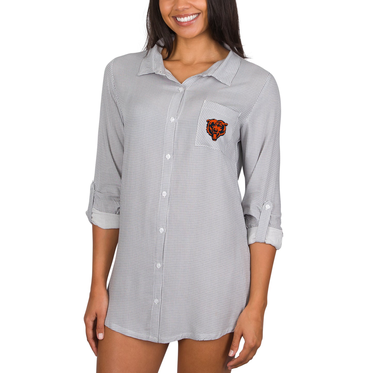 Women's Concepts Sport Gray/White Chicago Bears Melody Woven Button-Up Long Sleeve Nightshirt