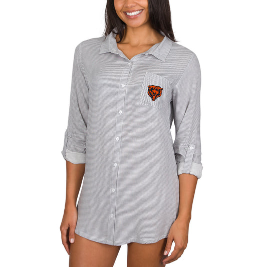 Women's Concepts Sport Gray/White Chicago Bears Melody Woven Button-Up Long Sleeve Nightshirt