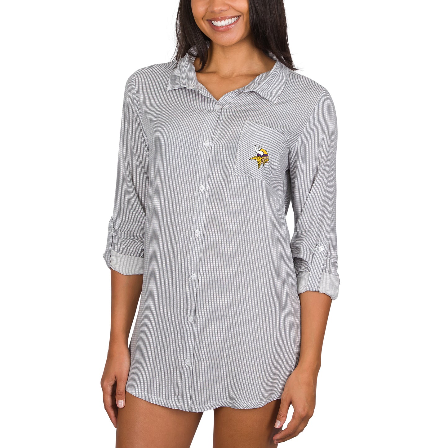 Women's Concepts Sport Gray/White Minnesota Vikings Melody Woven Button-Up Long Sleeve Nightshirt