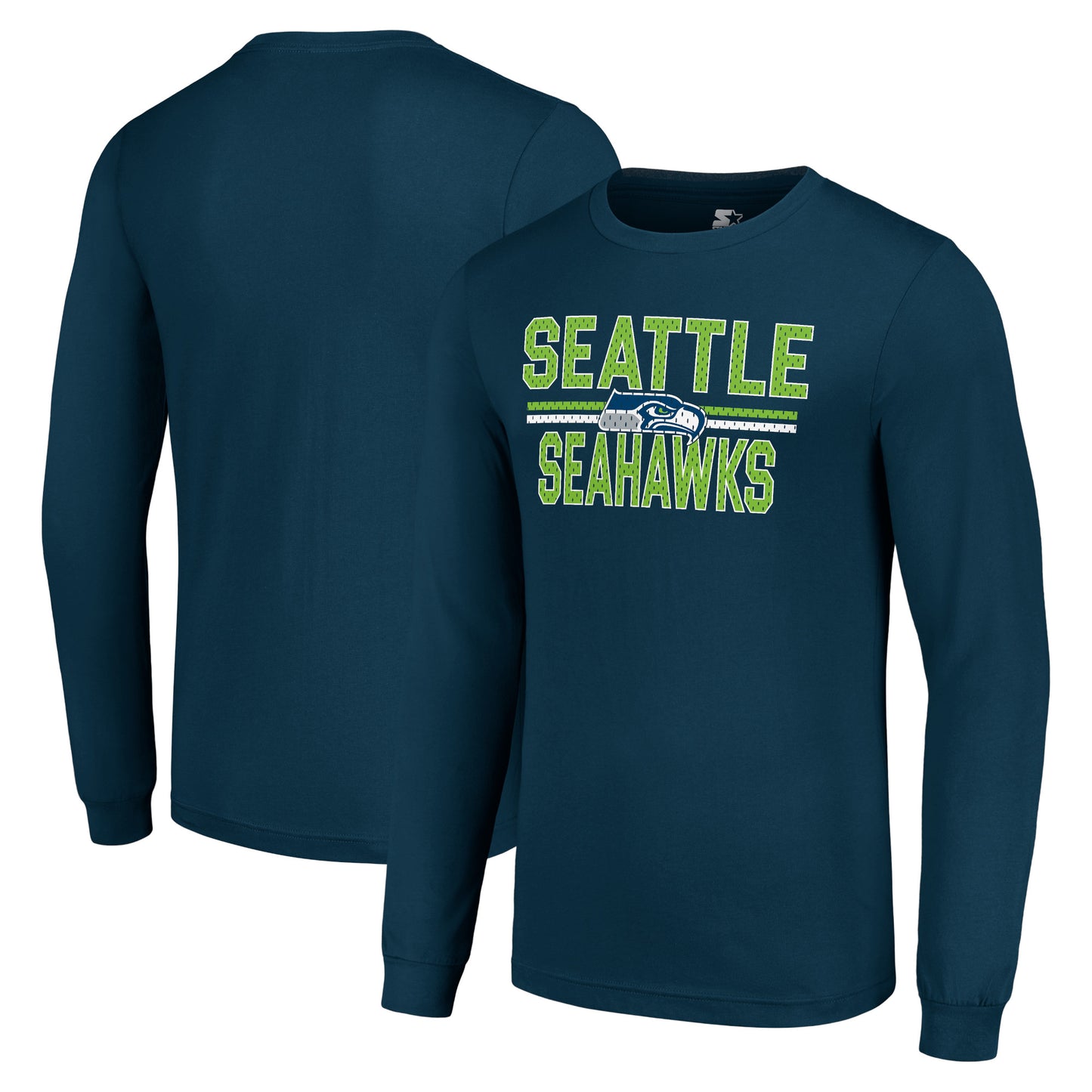 Men's Starter Navy Seattle Seahawks Team Mesh Print Graphic Long Sleeve T-Shirt