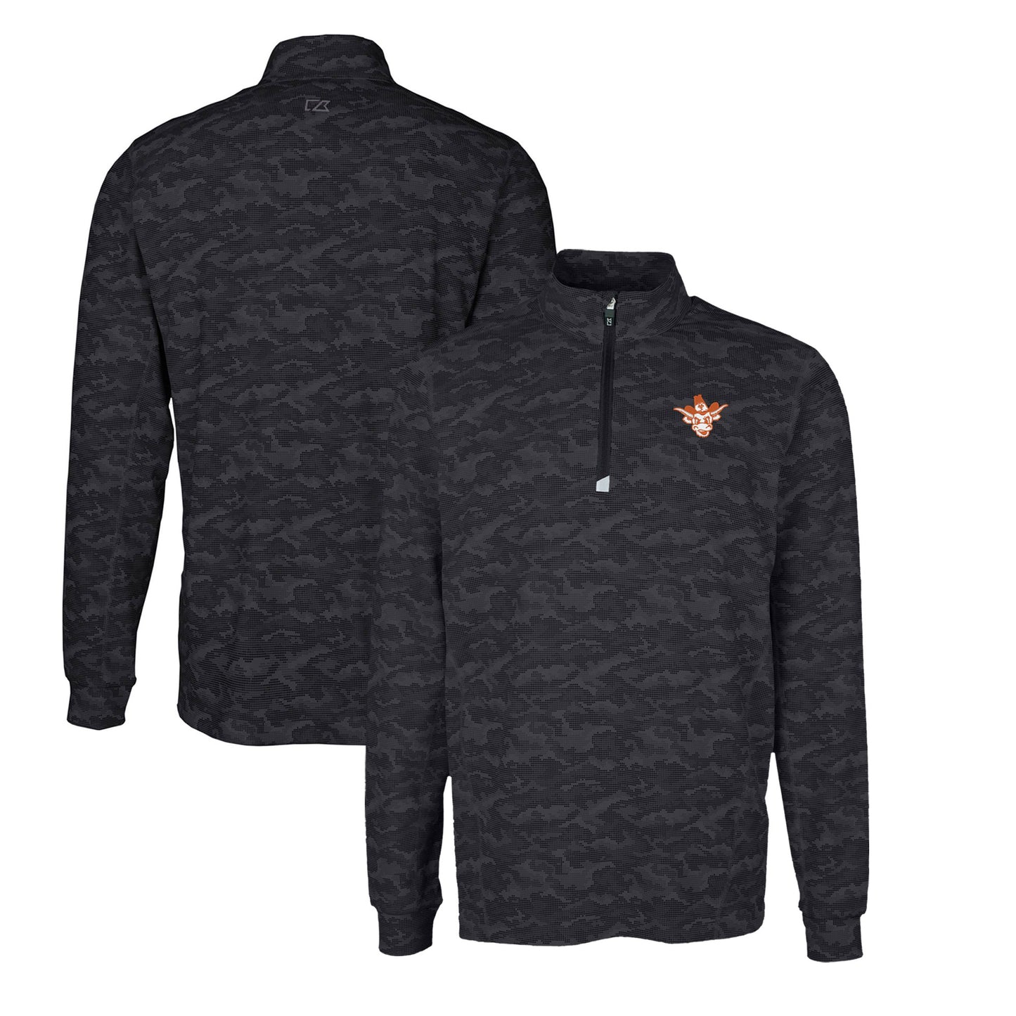 Men's Cutter & Buck Black Texas Longhorns Big & Tall Traverse Camo Print Stretch Quarter-Zip DryTec Top