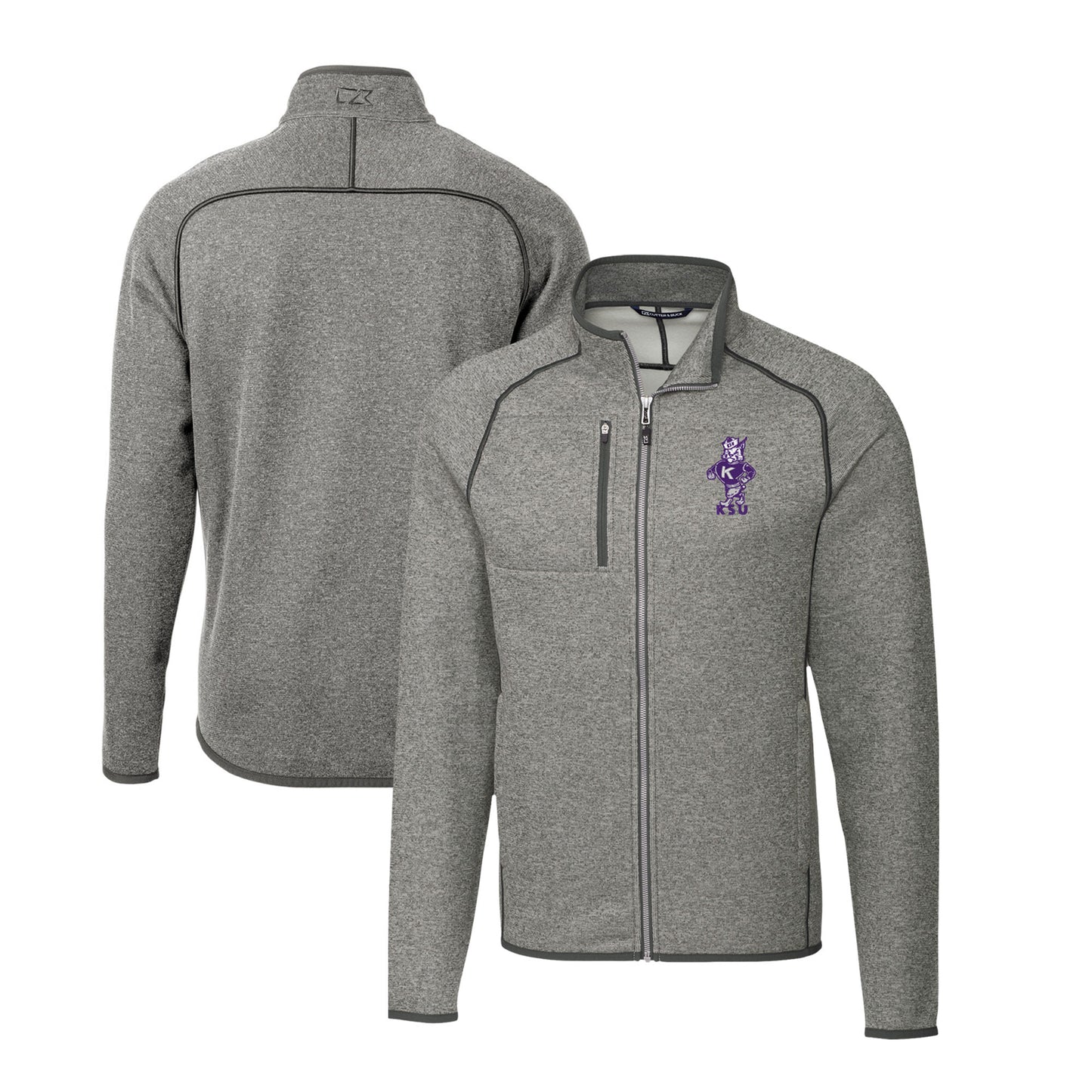 Men's Cutter & Buck Heather Gray Kansas State Wildcats Big & Tall Mainsail Sweater-Knit Full-Zip Jacket