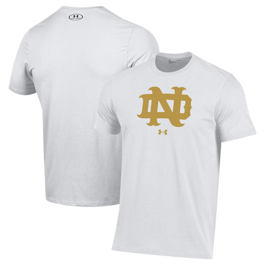 Men's Under Armour White Notre Dame Fighting Irish Throwback Interlocking ND Gold Rush Performance T-Shirt