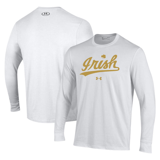 Men's Under Armour White Notre Dame Fighting Irish Script Gold Rush Performance Long Sleeve T-Shirt