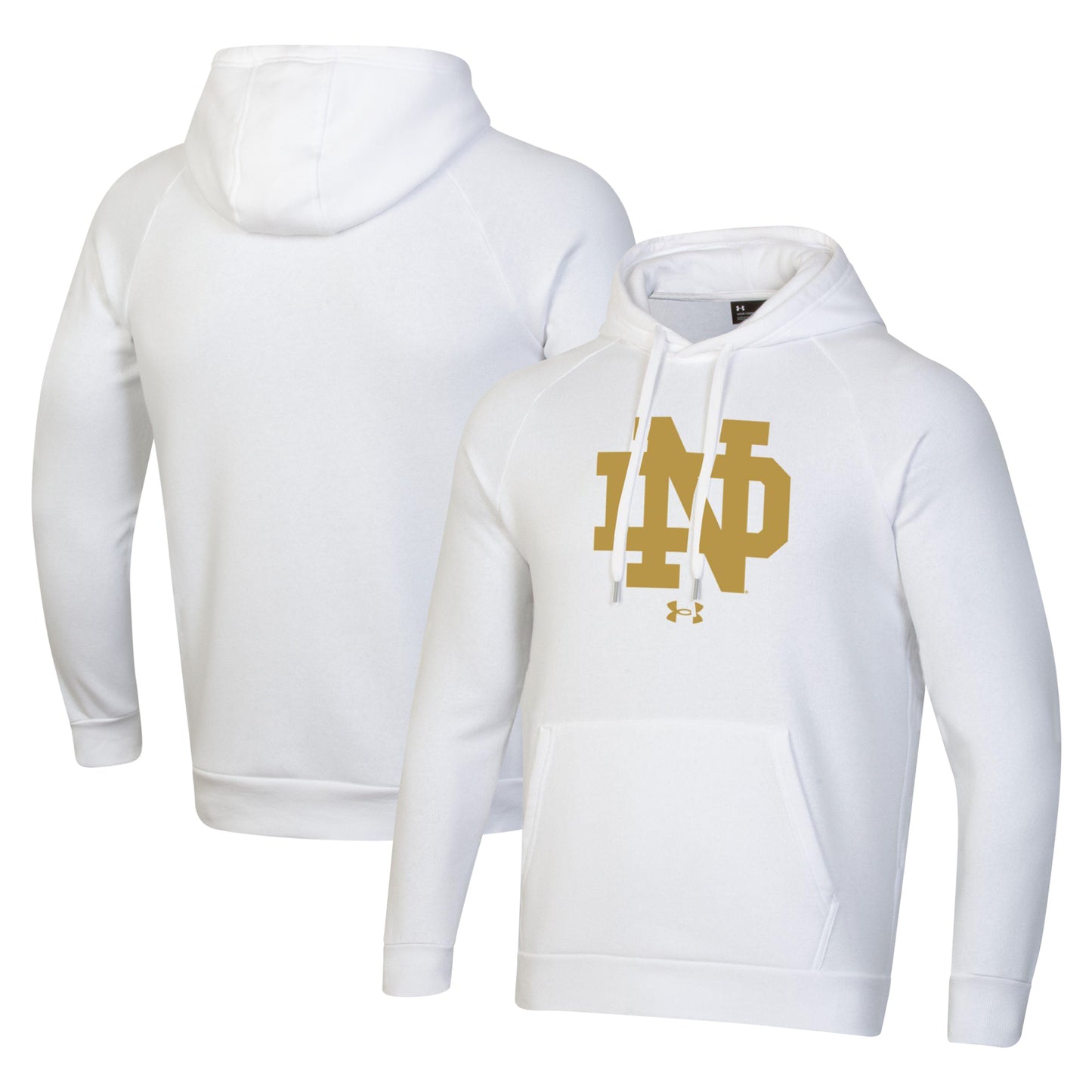 Men's Under Armour White Notre Dame Fighting Irish Interlocking ND Gold Rush Rival Raglan Pullover Hoodie