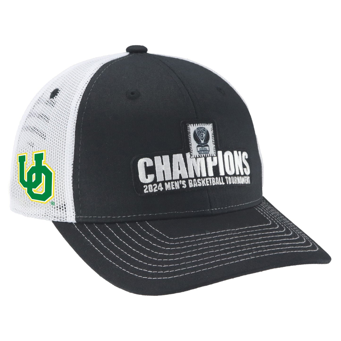 Men's Zephyr  Black Oregon Ducks 2024 Pac-12 Men's Basketball Conference Tournament Champions Locker Room Adjustable Trucker Hat