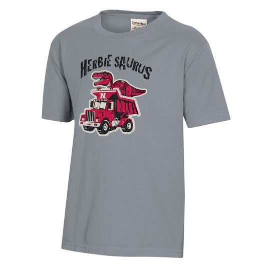 Youth ComfortWash Gray Nebraska Huskers Dino Truck T-Shirt