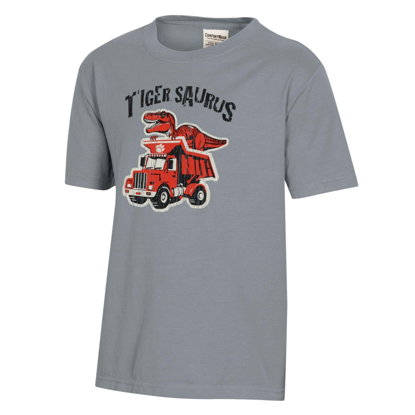 Youth ComfortWash Gray Clemson Tigers Dino Truck T-Shirt