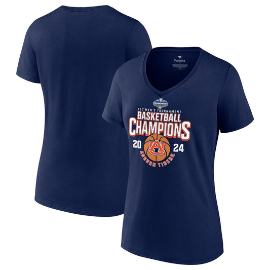 Women's  Navy Auburn Tigers 2024 SEC Men's Basketball Conference Tournament Champions V-Neck T-Shirt