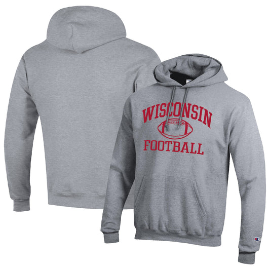 Men's Champion Heather Gray Wisconsin Badgers Football Icon Pullover Hoodie