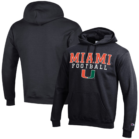 Men's Champion Black Miami Hurricanes Football Stack Pullover Hoodie