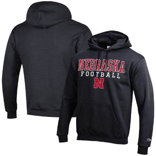 Men's Champion Black Nebraska Huskers Football Stack Pullover Hoodie