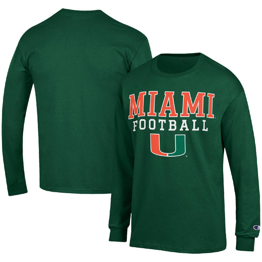 Men's Champion Green Miami Hurricanes Football Stack Long Sleeve T-Shirt