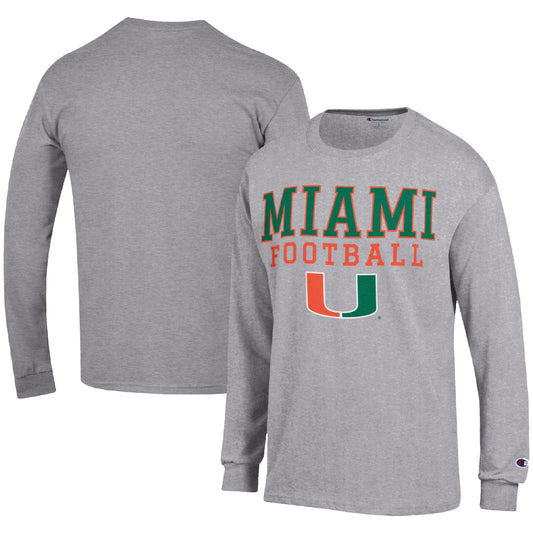 Men's Champion Heather Gray Miami Hurricanes Football Stack Long Sleeve T-Shirt