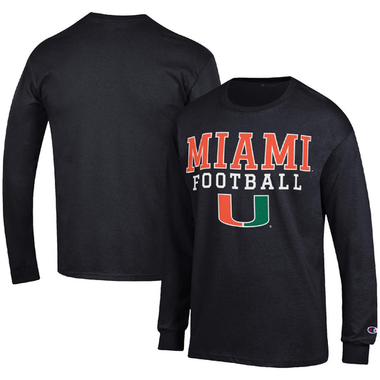 Men's Champion Black Miami Hurricanes Football Stack Long Sleeve T-Shirt