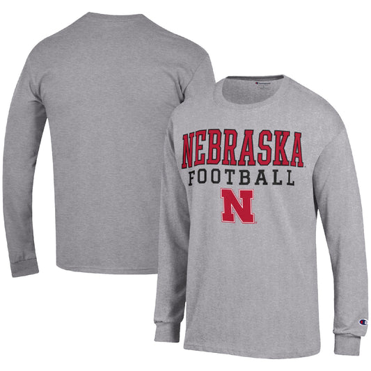 Men's Champion Heather Gray Nebraska Huskers Football Stack Long Sleeve T-Shirt