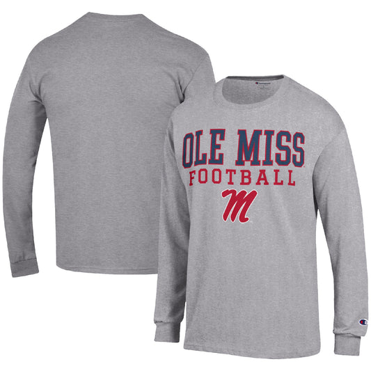 Men's Champion Heather Gray Ole Miss Rebels Football Stack Long Sleeve T-Shirt